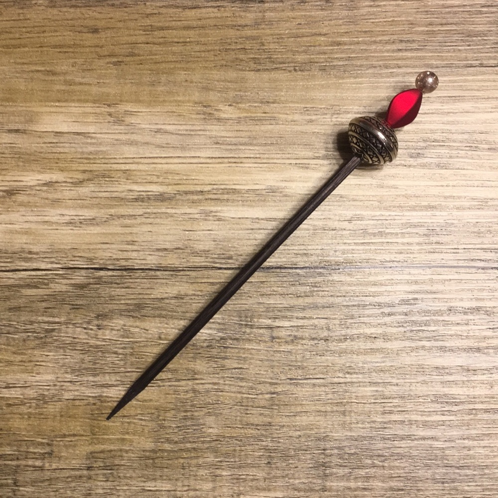Handmade beaded hair sticks- red/black/silver